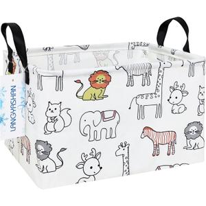 LANGYASHAN Rectangular Storage Bin Collapse Canvas Fabric Cartoon Storage Basket with Handles for Organizing Home Kitchen Boys and Girls Toys Office Closet Shelf Baskets (Rec Simplified Zoo)