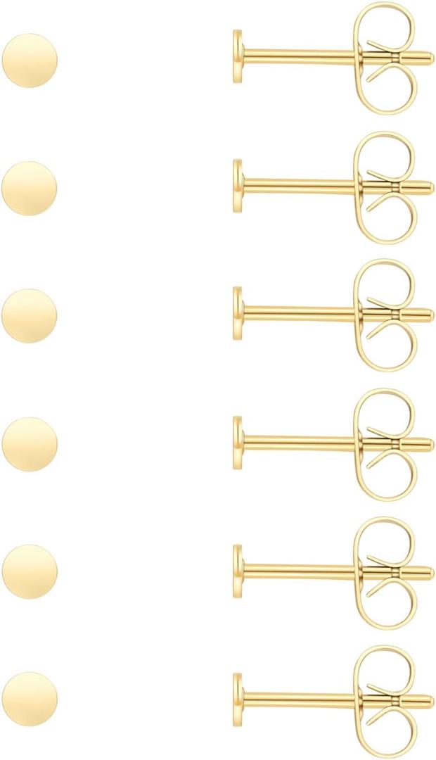 Unisex 6 Pairs Dot Stud Earrings, Surgical Steel Gold Plated Black Tiny Flat Disc Stud Earrings for Women Men