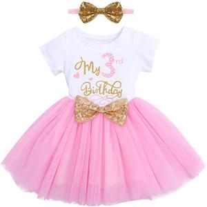 ODASDO Baby Girl Toddler Kids 1st / 2nd / 3rd Birthday Party Dress Short Sleeve Princess Tulle Dress with Headband (3T)