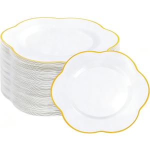 Liacere 100PCS Gold Plastic Plates - White and Gold Dinner Plates - with Gold rim10inch Heavy Duty Disposable Plates, Perfect for Wedding & Party & Holiday & Afternoon Tea