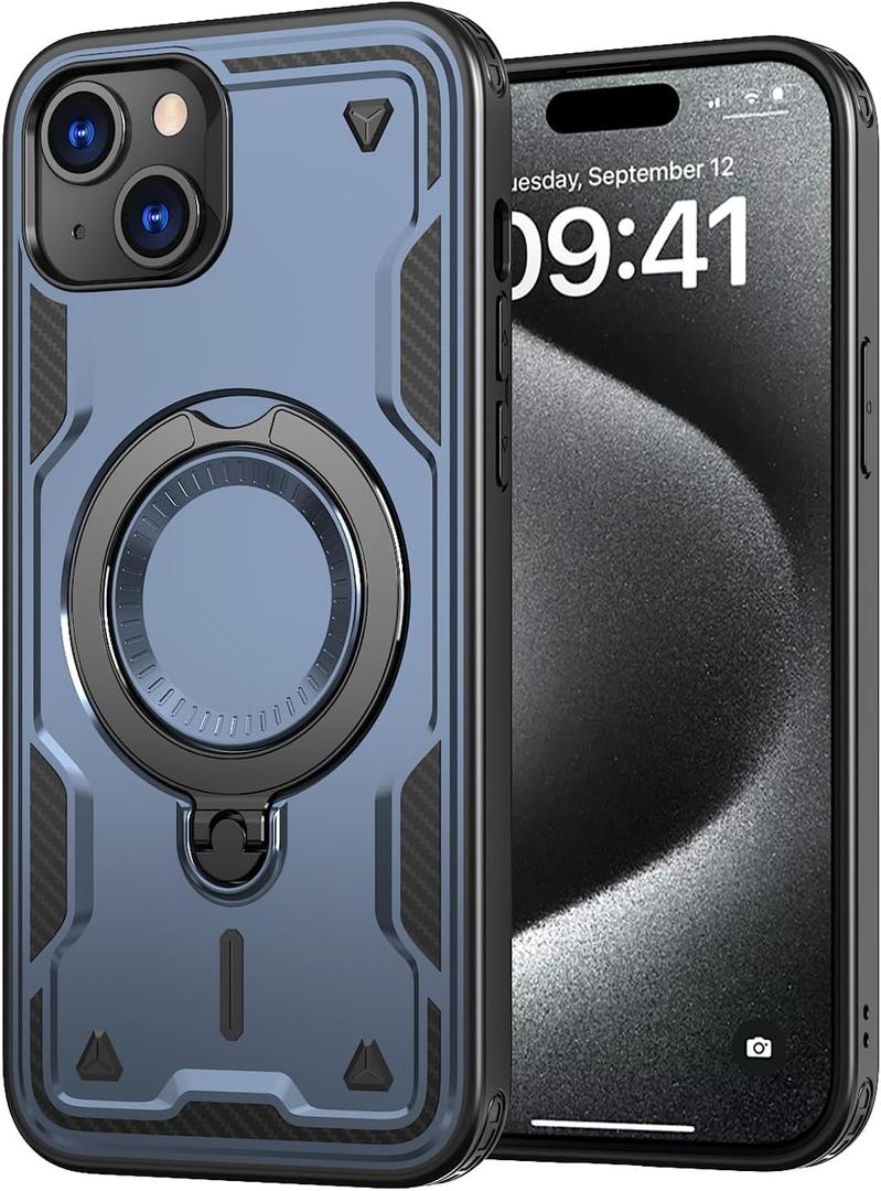 2 x 360 Spin Magnetic Kickstand Case for iPhone 15 Plus [Compatible with MagSafe] [Sturdy & Versatile Stand] Military-Grade Drop Protection Anti-Fingerprint Anti-Scratch, Blue