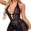 SHENHE Women's Halter Bodysuit Lingerie One Piece Lace Backless Teddy Body Suit Lingerie Dress