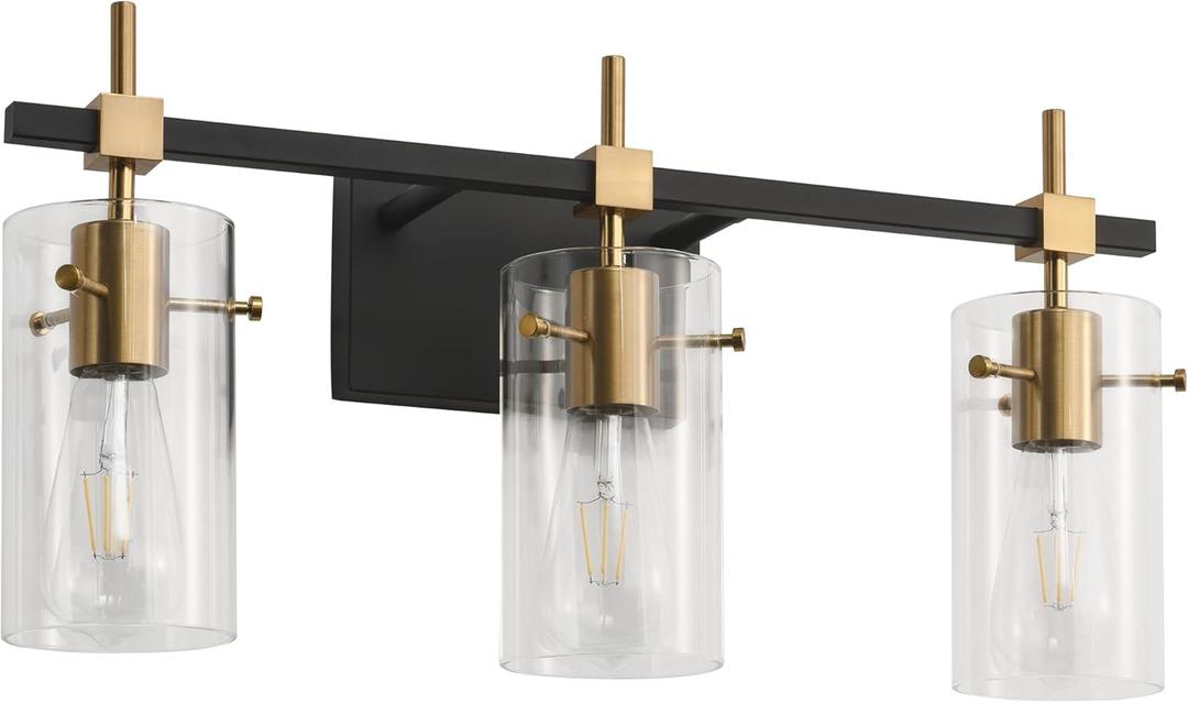 SOLFART Vintage Vanity Light Bathroom Light Fixture Over Mirror for Bath Glass Shade Light Black and Bronze Modern Style 3 Lights