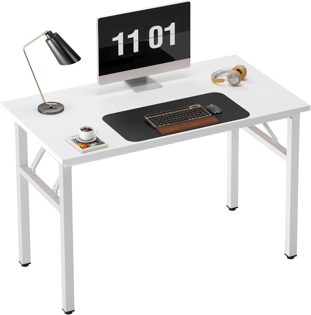 Need 39.4 Inch Folding Desk for Small Spaces, Home Office Computer Desk with White Wood Top & Metal Frame, Foldable Writing Table for Study, Bedroom, Dorm Room & Student