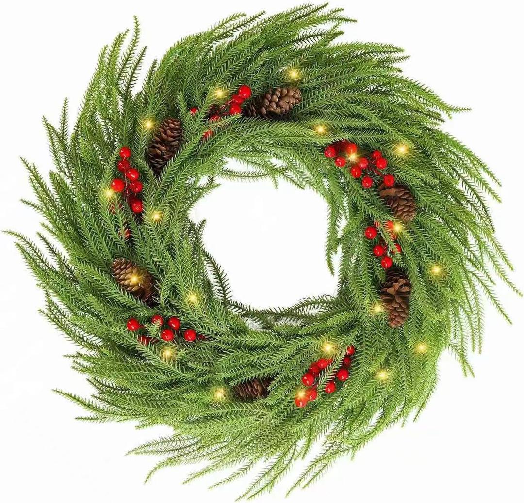 24 Inch Lighted Christmas Wreath for Front DoorNorfolk Pine Green Prelit Christmas Wreaths, Real Touch Wreath for Home Decorations Xmas Indoor Outdoor Decor (Green)
