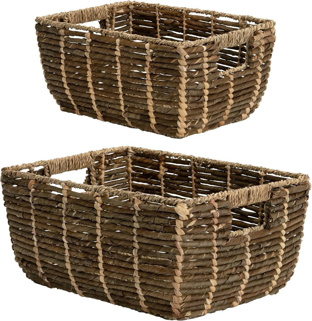 StorageWorks Wicker Baskets for Organizing, Handwoven Storage Basket with Built-in Handles, Banana Leaf Organizer for Home Decor, Set of 2