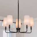 Chandelier, Matte Black with White Fabric Shade, Modern Farmhouse Hanging Pendant Lighting Fixture for Bedroom Kitchen, Living & Dining Room, 25" Dia