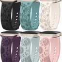 6 Pack Floral Engraved Silicone Bands Compatible for Apple Watch Band 38mm 40mm 41mm 42mm 44mm 45mm 46mm 49mm Women,Flower Sport Straps for iWatch Series 10 9 8 se Ultra 7 6 5 4 3 2