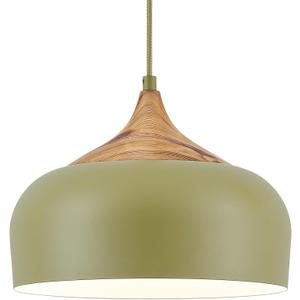 ELYONA Vintage Pendant Light Fixtures with Faux Pine Wood Grain, 12 Inch Adjustable Hanging Light Moss Green Metal Shade, Mid Century Modern Nordic Pendant Lamp for Kitchen Island Dining Room Bedroom