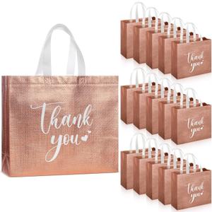 Sweetude 30 Pcs Thank You Gift Bags with Handles Bulk Reusable Goodie Bag Non Woven Foldable Handbag for Christmas Wedding Bridesmaid Gifts(11 x 12 x 5 Inch,Rose Gold)