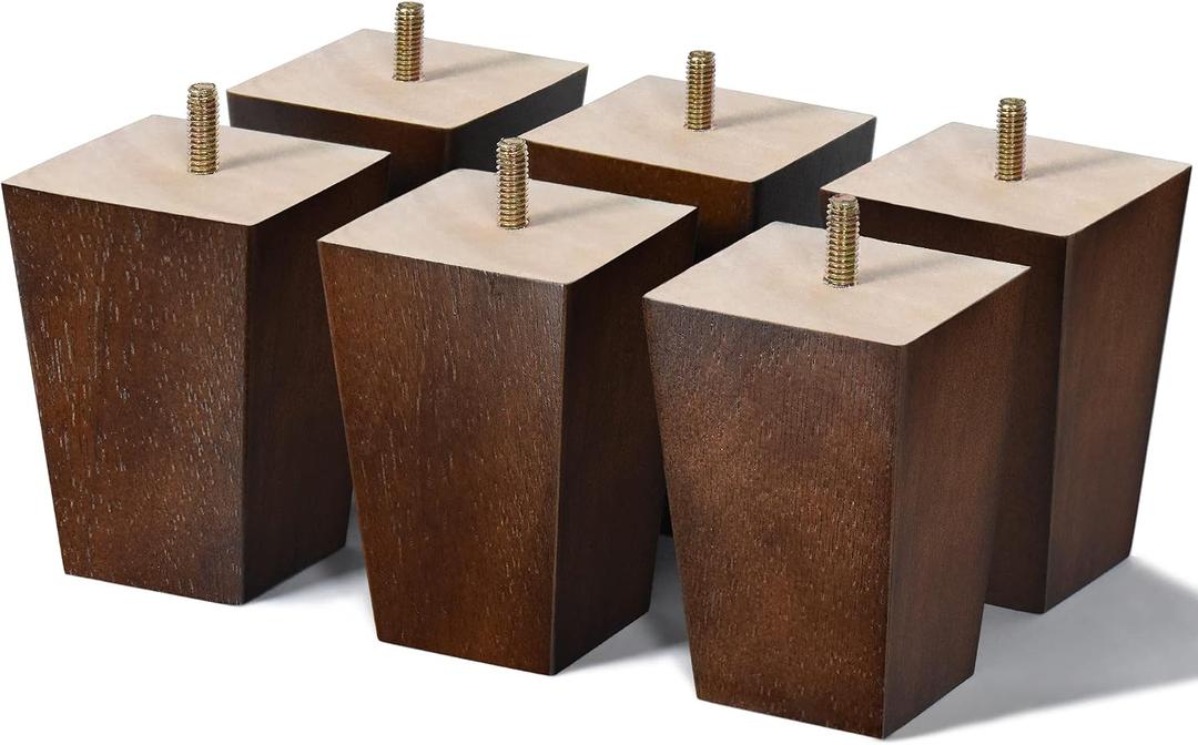 4 inch Wood Furniture Legs Sofa Legs Set of 6 Square Couch Legs Mid-Century Modern Replacement Legs for Armchair,Recliner, Dresser, Sideboard, 4 inch Standard