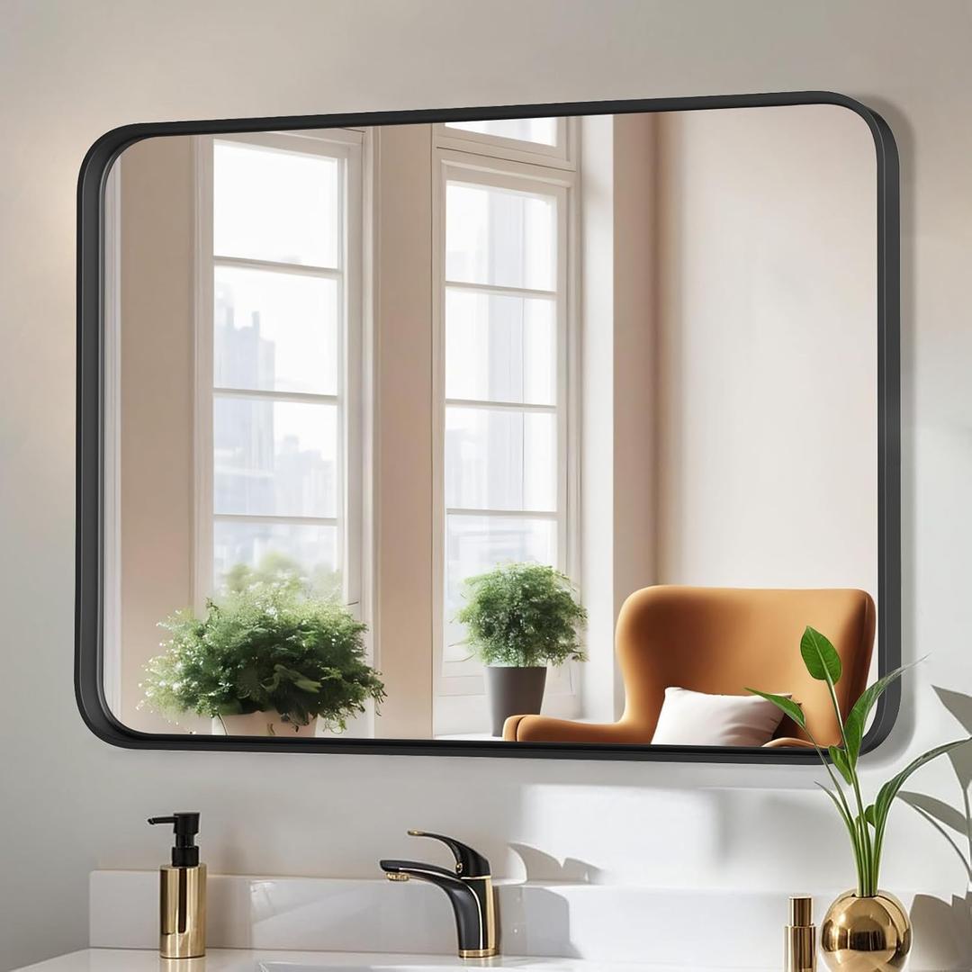Bathroom Mirror 40x30 Inch Black Metal Framed Rounded Rectangle Vanity Mirror for Wall, Over Sink, Farmhouse, Restroom, Anti-Rust, Modern Decorative, Horizontal or Vertical Hanging Bathroom Mirror 40x30 Inch Black Metal Framed Rounded Rectangle Vanity Mirror for Wall, Over Sink, Farmhouse, Restroom, Anti-Rust, Modern Decorative, Horizontal or Vertical Hanging