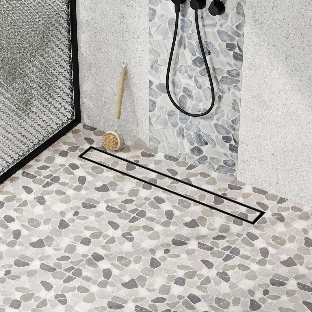 Neodrain 24-Inch Linear Shower Drain with Tile Insert Grate, Matte Black 304 Stainless Steel Rectangle Shower Floor Drain, Linear Drain with Leveling Feet, Hair Strainer