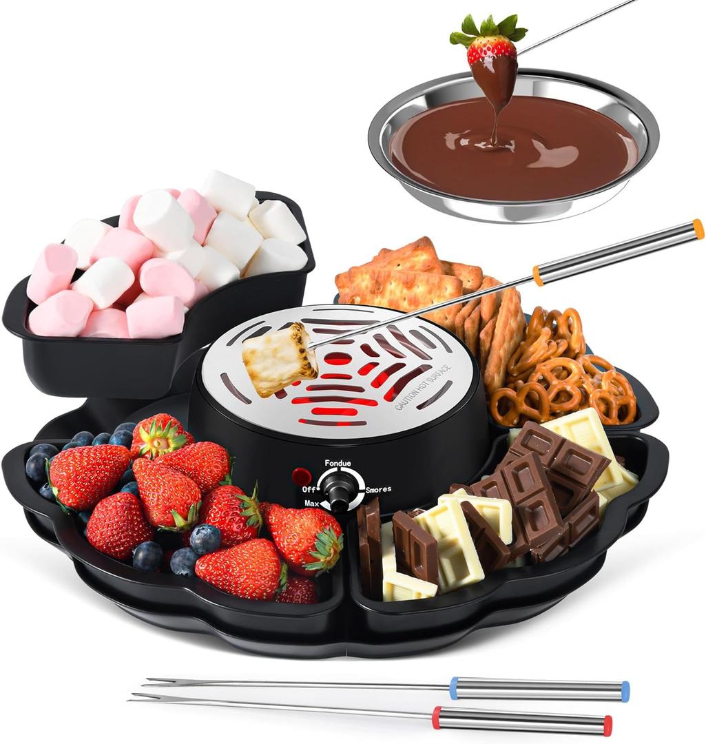 2 in 1 Electric Smores Maker & Fondue Pot, Tabletop Indoor Smores kit with 4 Roasting Forks, 4 Detachable Trays & 1 Flameless Temperature-controlled Heater, Movie Night Supplies & Housewarming Gifts