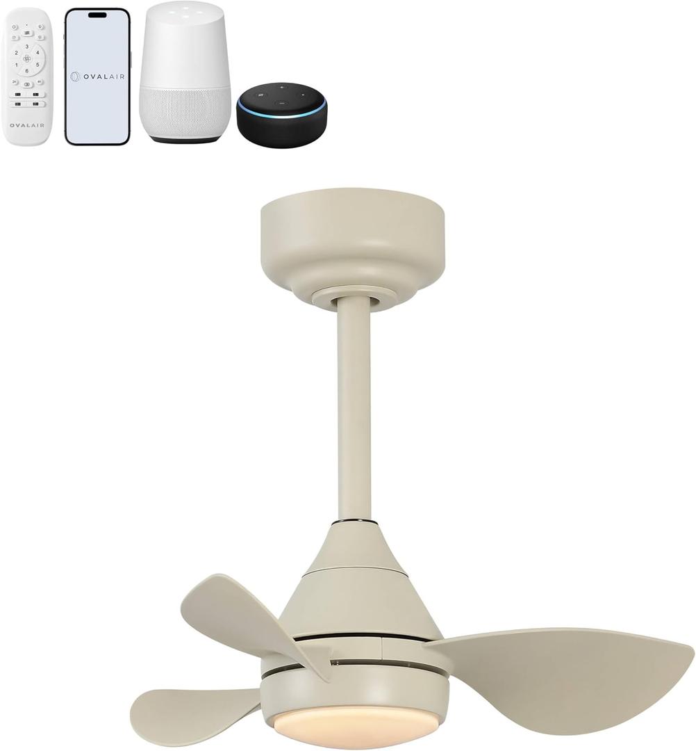OVAL AIR AIR8000E Albini 22" Contemporary Minimalist 6-Speed Metal Mobile-App/Remote-Controlled Dimmable Smart Integrated LED Ceiling Fan for Living Room, Bedroom, Office, Sienna Sandy Beige