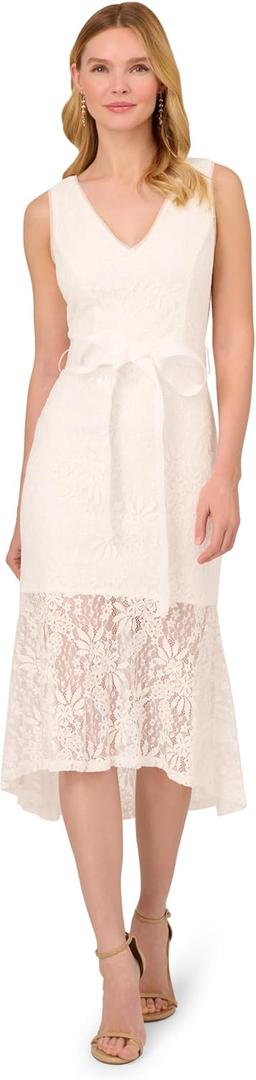 Adrianna Papell Women's Lace Midi Dress, Sleeveless Cocktail Dress with Floral Lace & Skinny Waist Belt Size 12 (White, M)