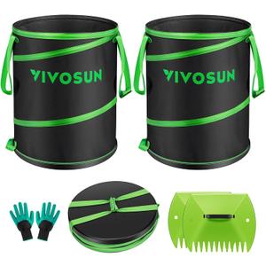 VIVOSUN 30-Gallon Collapsible Garden Bag, Yard Waste Bin with Hard-Shell Bottom, Leaf Scoops and Gloves, Collapsible Yard Waste Containers for Lawn Care and Camping, 2-Pack