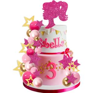 MEMOVAN Hot Pink Girl Cake Toppers 36pcs Ball Cake Decorations with Hot Pink Gold Balls Shiny Stars for Boho Girl Pink Princess Theme Wedding Baby Shower Birthday Party Supplies