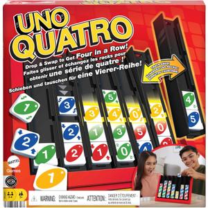 Mattel Games UNO Quatro Game with Colored Tiles & Plastic Grid for Adult, Family & Parties, 2 to 4 Players Ages 7 Years Old & Up