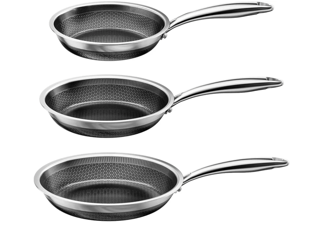 FogDream Non Stick Frying Pans Set, 8, 10 & 12 Inch Stainless Steel Pans,Tri-Ply Stainless Steel Pots and Pans Set for All Cooktops, Dishwasher & Oven-Safe Cooking Pan, Stay-Cool Handle, Silver