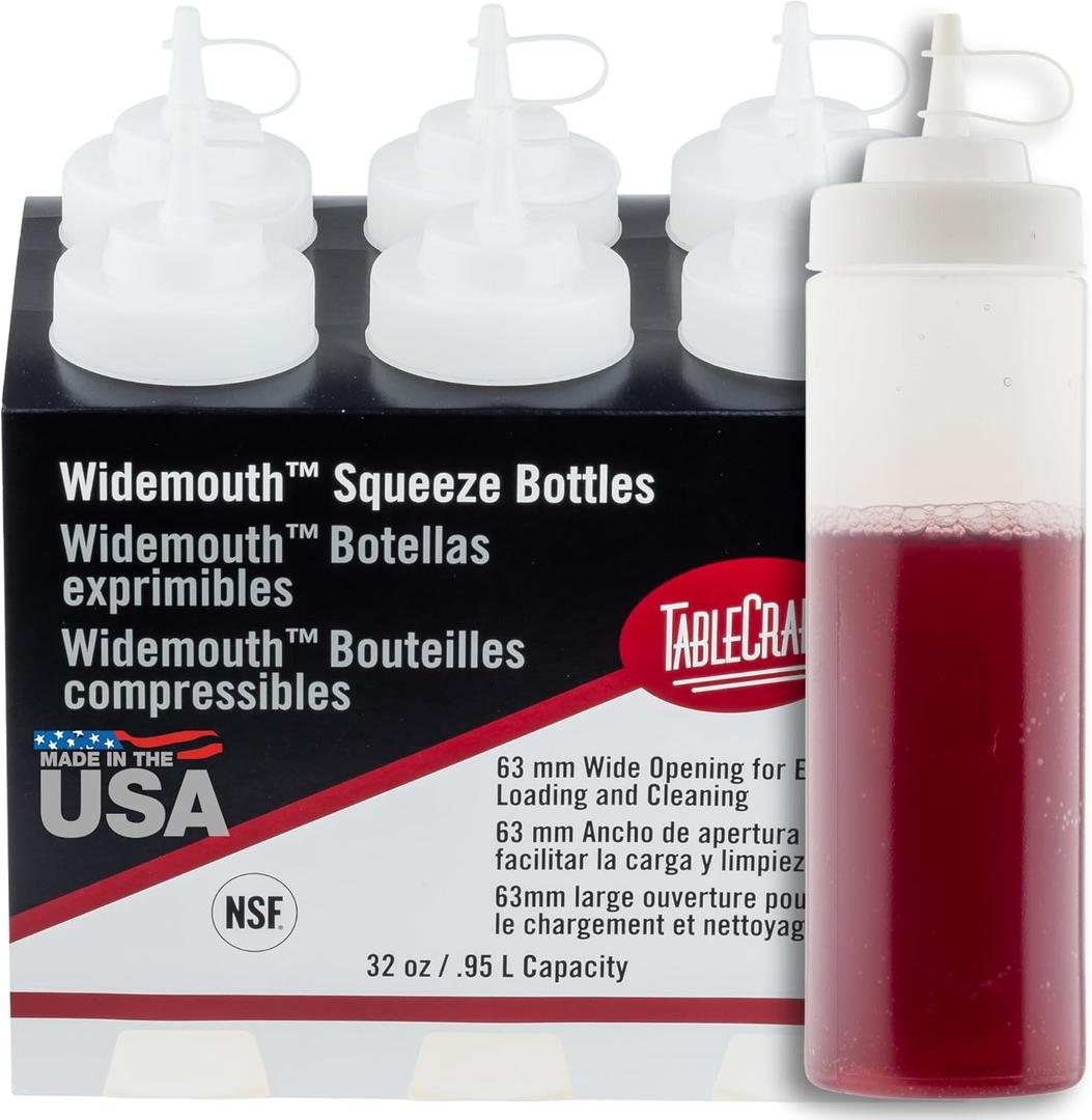 TableCraft 12634 Widemouth Condiment Squeeze Bottles, 63 mm Wide Opening, Cone-Tip Top, Tethered Cap, Clear Sauce Dispensers for Food Prep, 32 oz (946 mL), NSF, Made in USA, Pack of 6