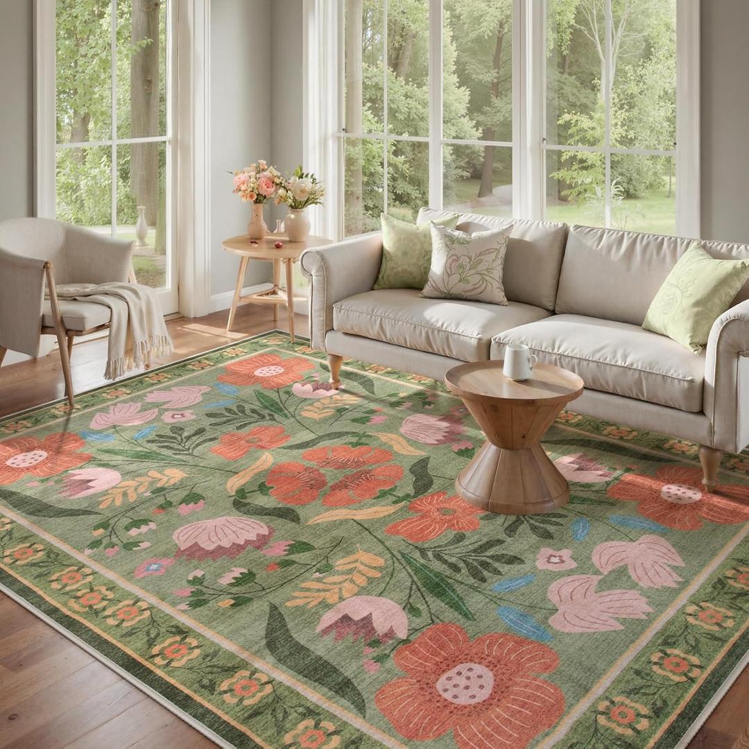 Beeiva 8x10 Washable Rug, Soft Floral Green Rugs for Living Room Indoor, Large Soft Low Pile Flower Carpet for Playroom Kids Dining Room Clasroom Dorm Dcor (Green,8'x10')