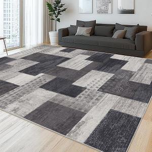 Modern Geometric Patchwork Indoor Area Rug for Living Room, Charcoal 5'x 7' Large Rug Rockwood Collection Hardwood Floors Decor for Bedroom, Grey Throw Carpet for Office Entryway Dining Room