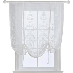 Sheer Tie Up Curtains for Bathroom Girls Bedroom Flower Embroidered Liftable Curtain Kitchen White Lace Short Balloon Curtains for Small Window 31 x 47 Inch