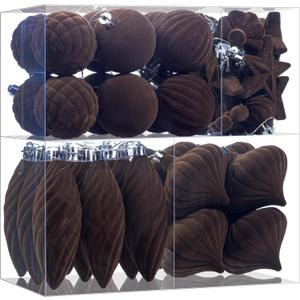 48Pcs Brown Velvet Christmas Ornaments Set, Assorted Flocked Christmas Baubles Decorations, Shatterproof Christmas Balls Hanging Decor for Xmas Tree/Home/Party/Holiday (Brown)