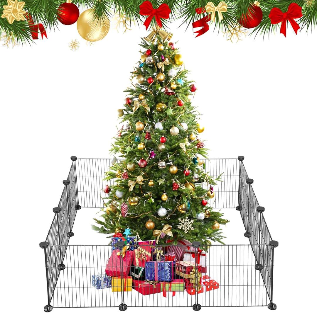 12 Pieces Christmas Tree Fences, Metal Christmas Tree Gate Panels Picket Fence Pets Cat Proof Indoor Garden Decoration Fence for Holiday Party Office Home Christmas Decor, Black