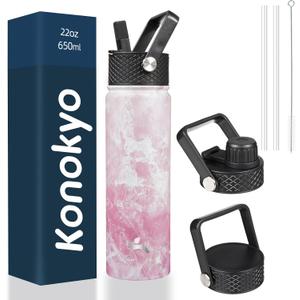 Konokyo 22oz Stainless Steel Bottles with 3 Lids Sport Insulated Water Bottle, Marble Blossom