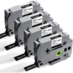 Tze-335 TZe335 Black Label Maker Tape Compatible with Brother P Touch Label Tape TZ TZe 12mm 0.47 Laminated with P Touch PT-H110 PT-D210 PT-D400 PT-D600,White on Black 4-Pack