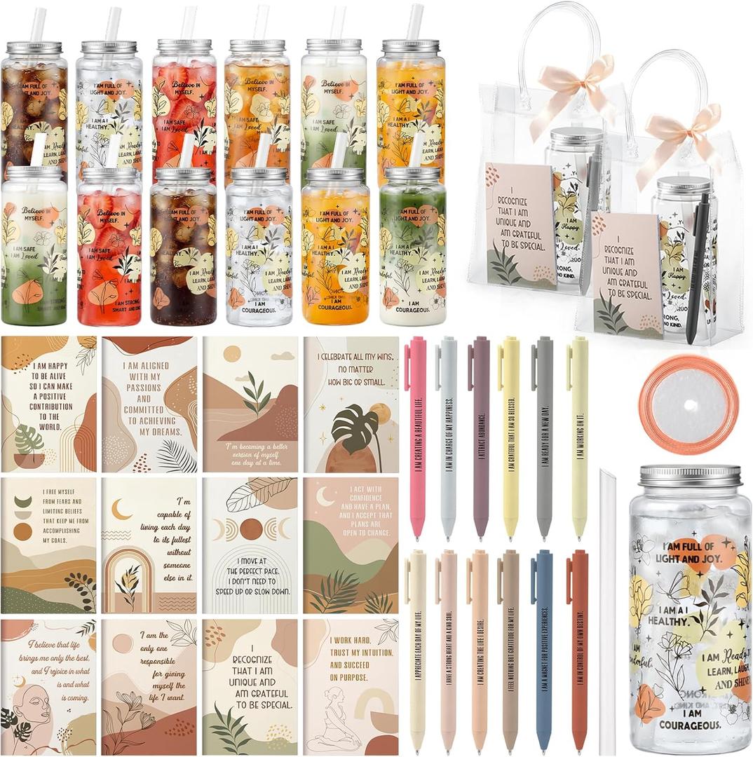 Kosiz 36 Pcs Boho Positive Affirmation Gift Set for Women, 12 Gratitude Notebooks 12 Plastic Cups with Lids Straws 12 Gift Bags, End of Year Thank You Gifts for Teachers Nurses Employee Coworker
