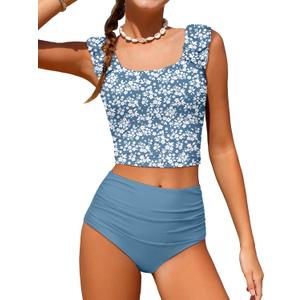 Girls Tankini Swimsuit 2 Piece Bathing Suit Twist Cross Back Cutout Swim Tank Top Floral Print Swimwear for 13-14Y
