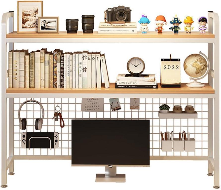 Desktop Hutch Bookshelf, 2-Tier Metal Desk Shelf with Grid Panel, Wooden Desktop Display Rack for Computer Monitor, Countertop Storage Organizer for Office Home Dorm (White), 95 x 20 x 93 cm