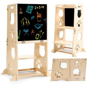 Collapsible Toddler Kitchen Step Stool With Chalkboard, Safety Rail, and Standing Tower for Kids 1-3