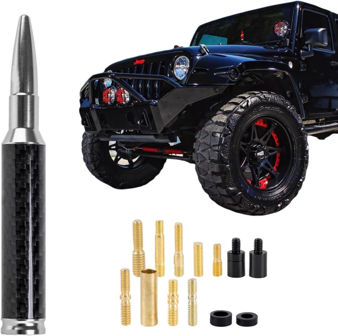 Carbon Fiber 50 Cal Bullet Antenna Fits for GMC Sierra Chevy Silverado 1500 Dodge Ram Jeep Ford Raptor Bronco Accessories,Universal Truck Antenna (Carbon Fiber+Silver)