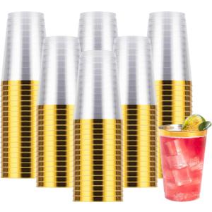 Goodluck 200PCS 12oz Gold Plastic Cups for Party, Disposable Gold Rim Cups, Plastic Cocktail Glasses for Wedding Thanksgiving, Christmas, and Parties