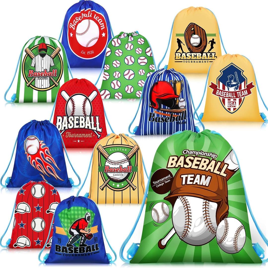Kinlop 12 Pieces Baseball Party Favor Sports Drawstring Present Bags 12 Styles Backpack Baseball Candy Goodie Bags Gym Drawstring Bags for Travel Party Gym Workout Supplies