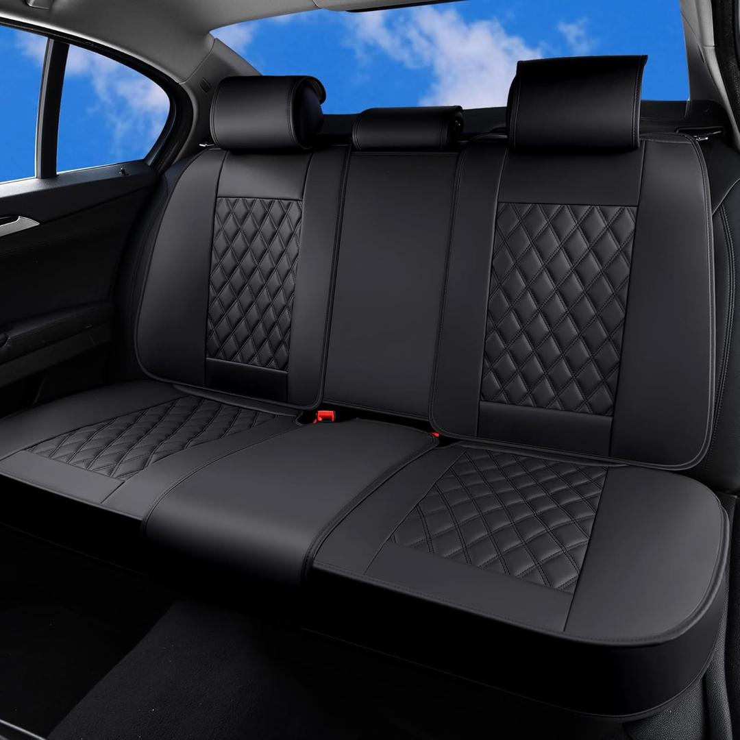 Huidasource Rear Bench Car Seat Covers, Split Back Leather Seat Cover, Automotive Vehicle Cushion Cover Fit for Most Cars Sedan SUV Pickup Truck, Fit for Acura Honda City Nissan (Back Row/Black)