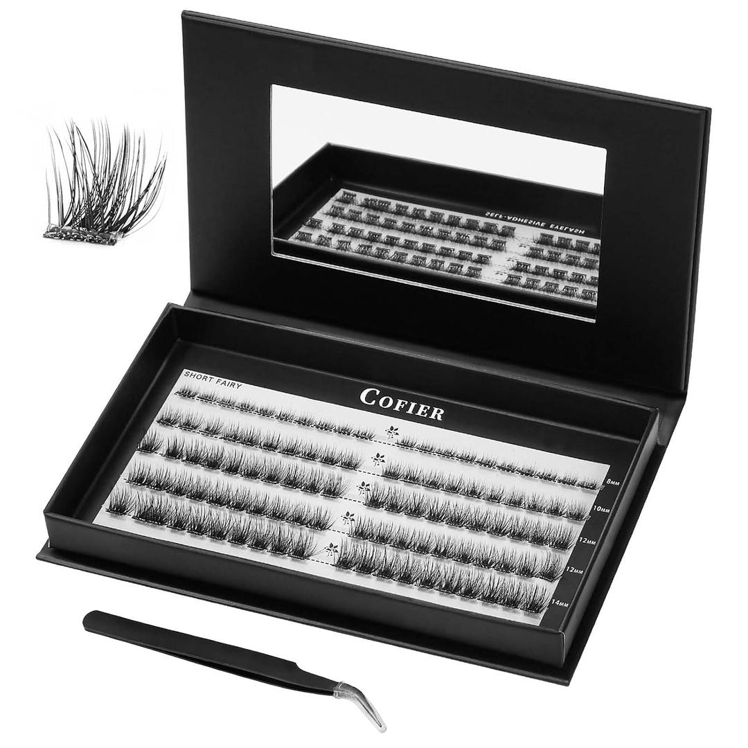Glue-Free Wispy Lash Clusters Kit, 100 Pcs Individual Eyelash Clusters (8-14mmC Curl)- DIY Lash Extension Kit with Eyelashes Tweezers, Natural Fluffy Fake Lashes for Home Use, Beginners Friendly