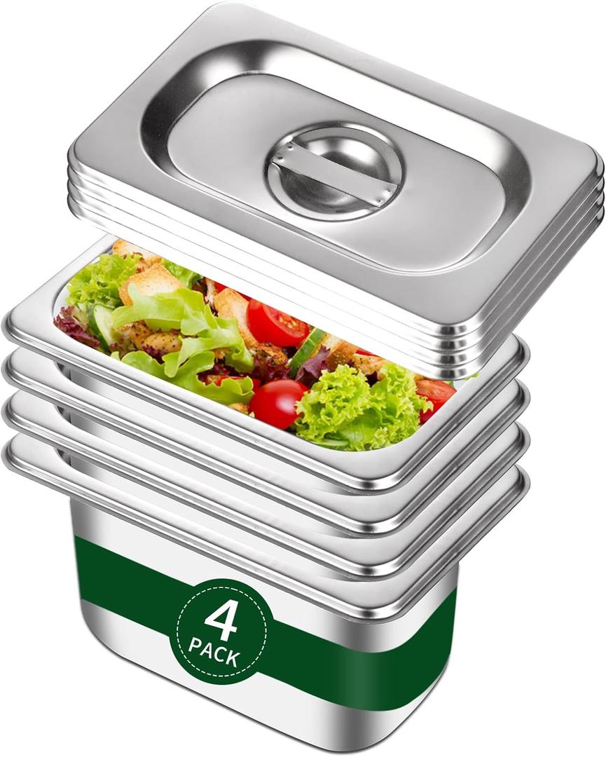 Hotel Pan With Lid 1/9 Size - 4" Deep 4 Packs Stainless Steel Food Pan for Steam Table, Commercial Restaurant, Anti Jam, Buffet