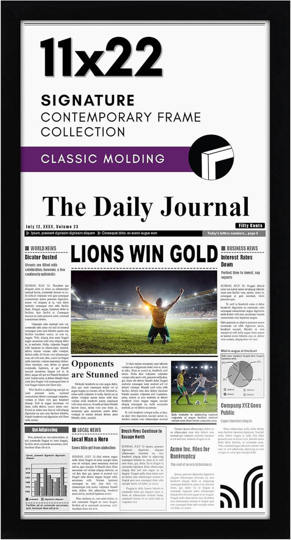 Americanflat 11x22 Newspaper Frame with Polished Plexiglass - Display for Assorted Media Articles - Signature Collection - Modern Picture Frame for Wall Display - Black