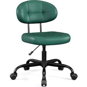 Misolant Vanity Chair with back, Small Armless Cute office Chair with wheels and Lumbar support, Comfy PU Leather Desk Computer Chairs with Adjustable Height, 360Swivel for Home Bedroom Office, Green