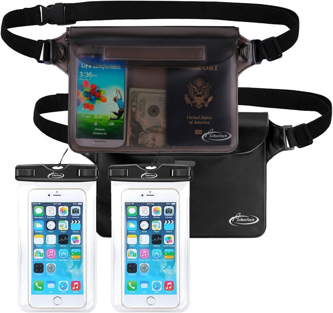 AiRunTech Waterproof Fanny Pack, Waterproof Phone Pouch for iPhone 16 15 14 13 12 11 Pro Max,IPX8 Dry Bag for Snorkeling Beach Cruise Kayaking Pool Swimming(Two Phone Cases+ Two Waist Bags Set)