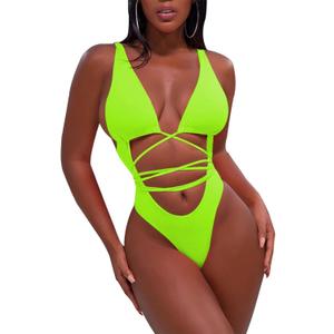Sovoyontee 2025 Women's Sexy Cheeky One Piece Swimsuits High Cut Thong Bikini Bathing Suit Monokini (Bright Green, Large)