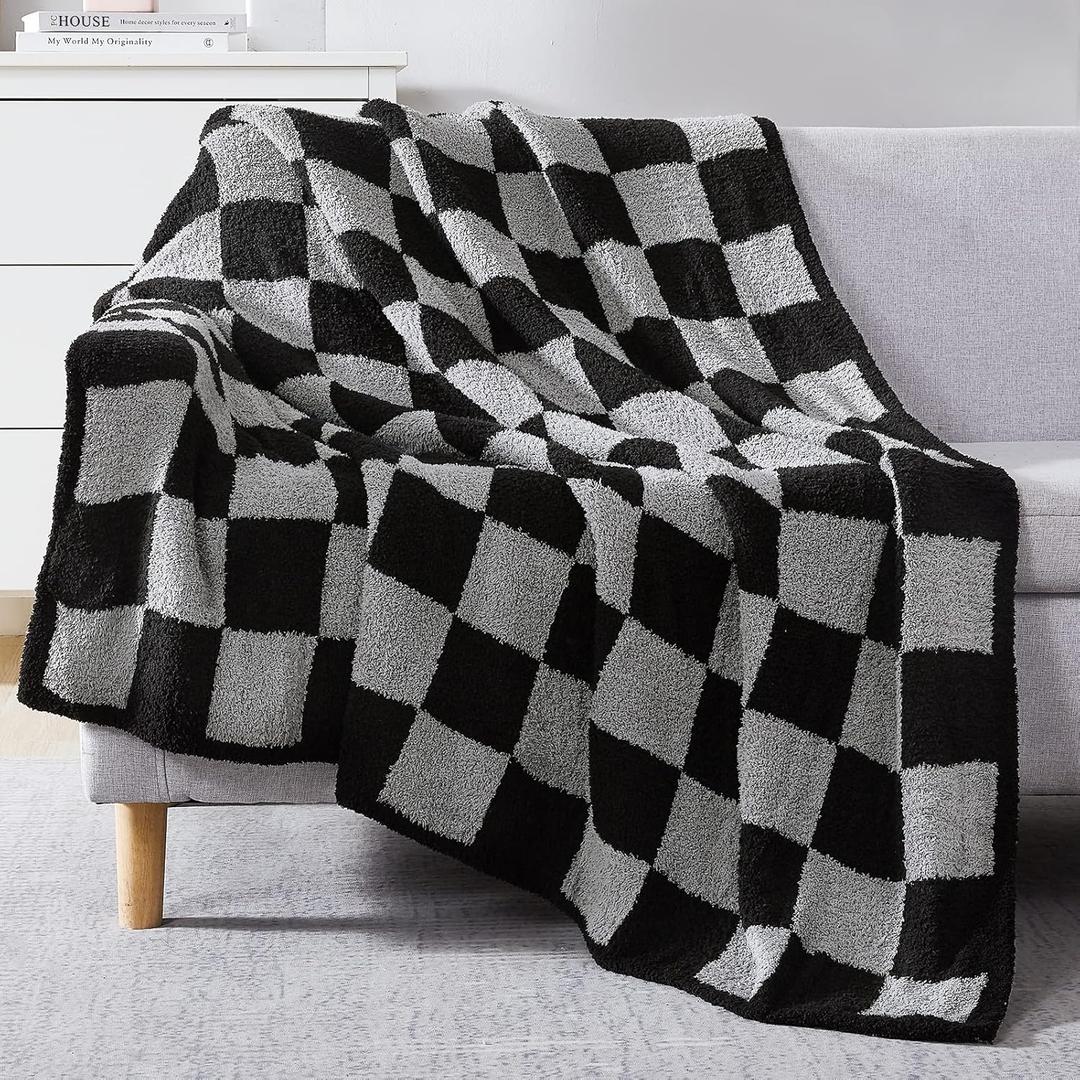 WRENSONGE Checkered Throw Blanket, Black Grey Checkered Soft Cozy Fluffy Warm Hand Made Throw Blankets for Couch, Sofa, Chair, Bed, Picnic,Travel Lightweight Bed Blankets for Men (Throw-XL(50"x 70"))