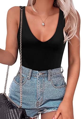 SAUNGKUAI Women’s Bodysuit Sexy Plunge Deep V Neck Backless Sleeveless Tank Thong Body Suits Outfits for Going Out, M