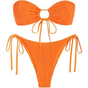 ZAFUL Women's Bandeau Bikini Set O Ring Strapless Swimsuit Tie Side Swimwear Halter Two Piece Bathing Suit S