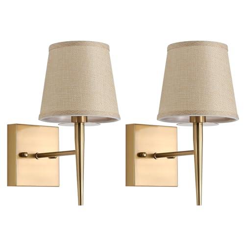 EFINEHOME Set of 2 Mid-Century Modern Wall Sconce with Fabric Shade| 1-Light Antique Gold Indoor Wall Lamp Fixture| Hallway Bathroom Vanity Light Sconces Mirror Cabinet Stairway Wall Lights (Linen)